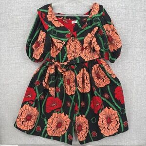 Grass-Fields Floral Puff Sleeve Mini Dress Sz 10 L Cotton Boho Concert Statemnet